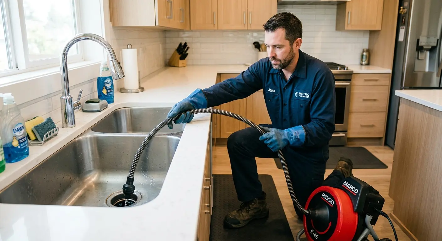 Drain cleaning technician using a motorized snake on a kitchen sink in Fairland