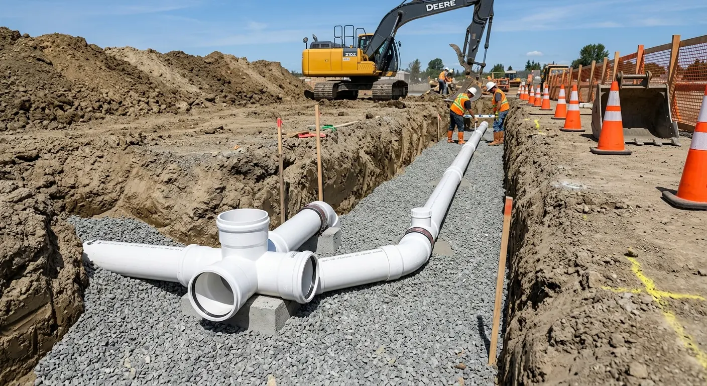 New PVC sewer pipe installation in open trench for Commercial Drain Cleaning in Fairland