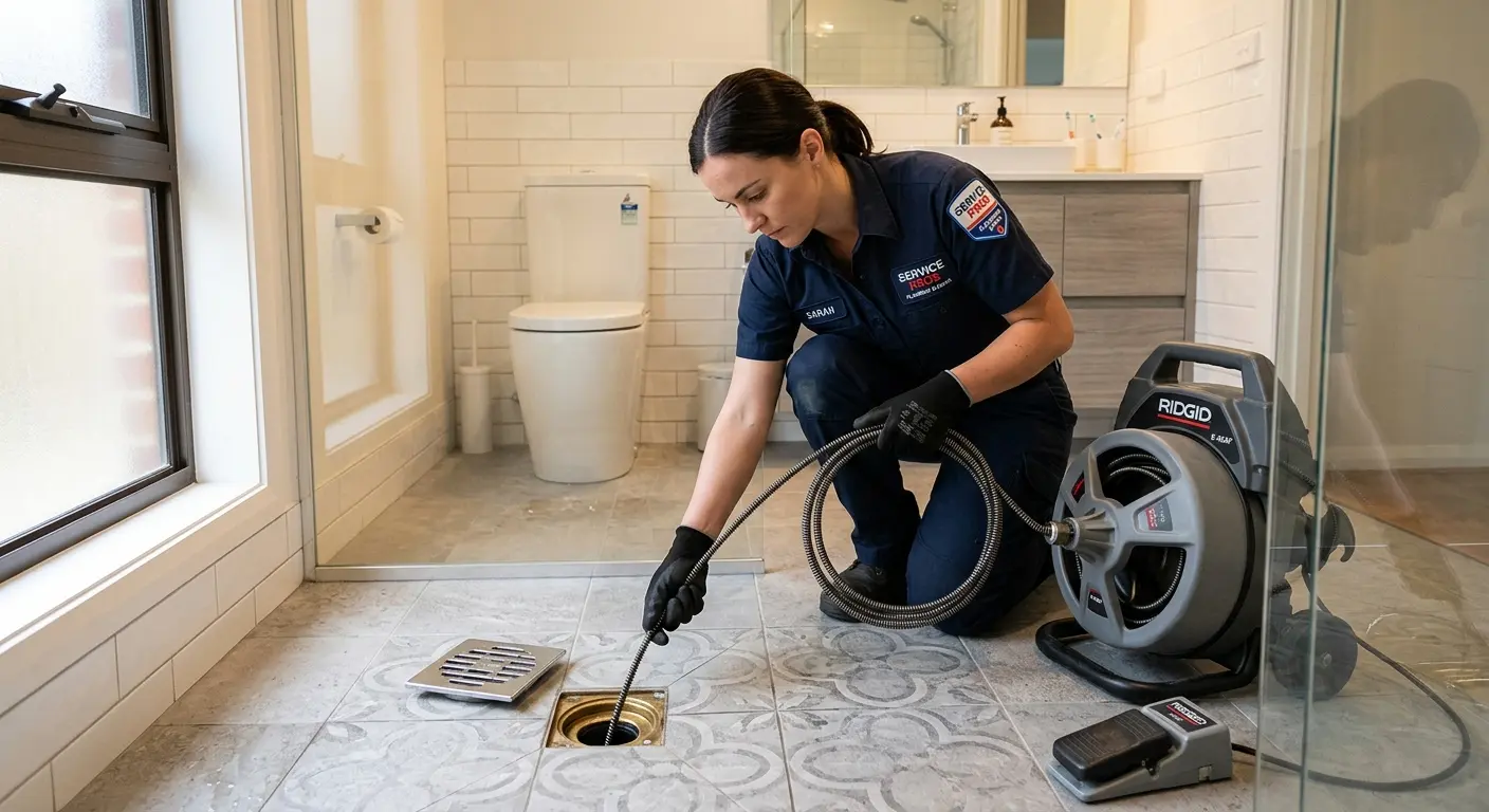 Technician clearing a bathroom floor drain for Sewer Line Replacement in Fairland